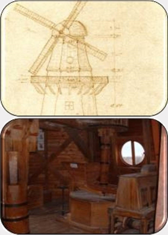 Zeichnung der Mühle oben. Unten ein Blick in den Mahlboden.
