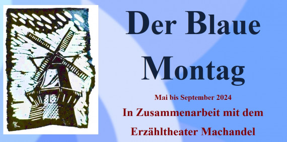 Logo des Blauen Montags: Holzschnitt einer Mühle, blauer Hintergrund und Schriftzug &quot;Der Balue Montag&quot;.